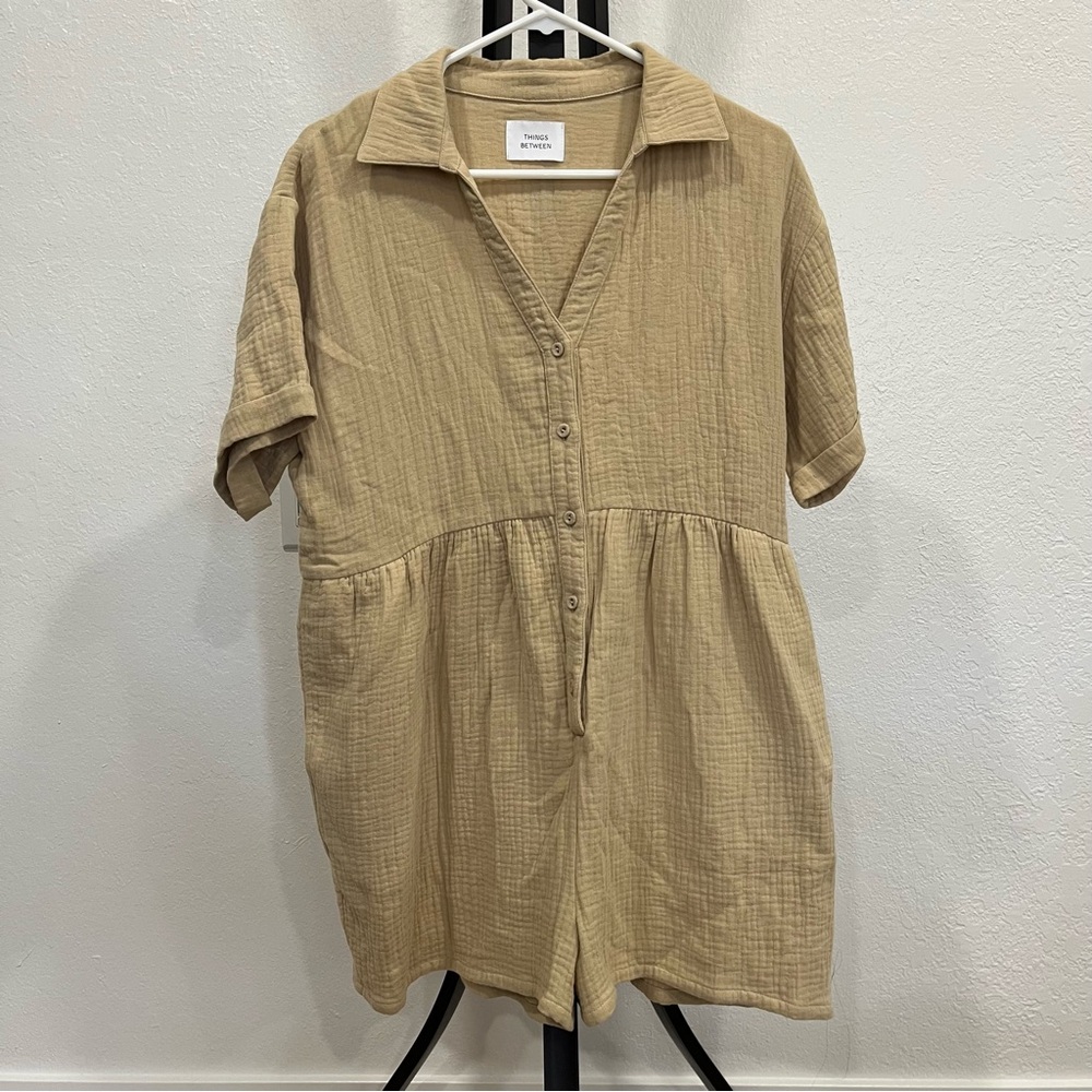 Things Between Gauze Tan Button-Up Romper